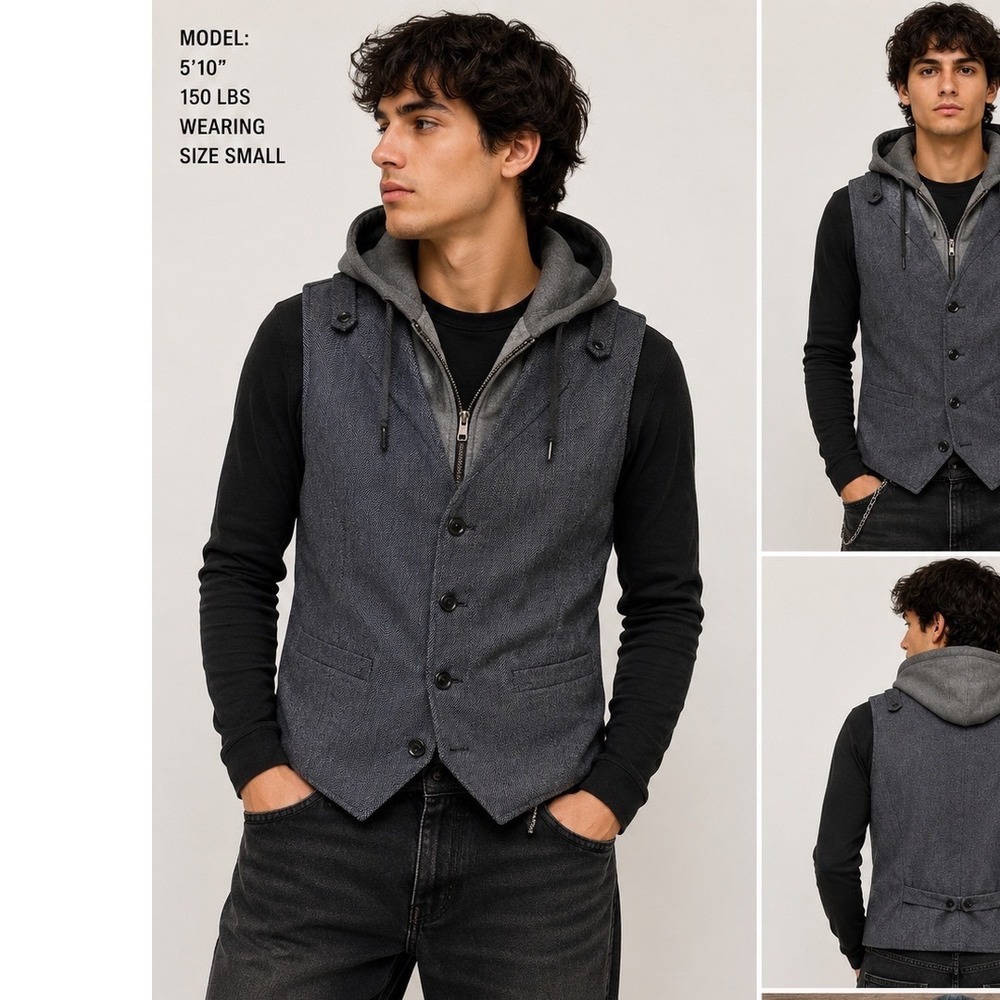 GUESS Hooded Vest Mens S Gray Layered Dickie Y2K Streetwear Button Front